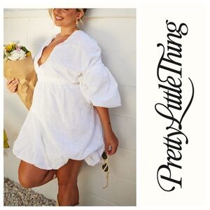 PRETTY LITTLE THING PLUS WHITE BRODERIE PUFF SLEEVE PUFFBALL HEM SHIFT DRESS